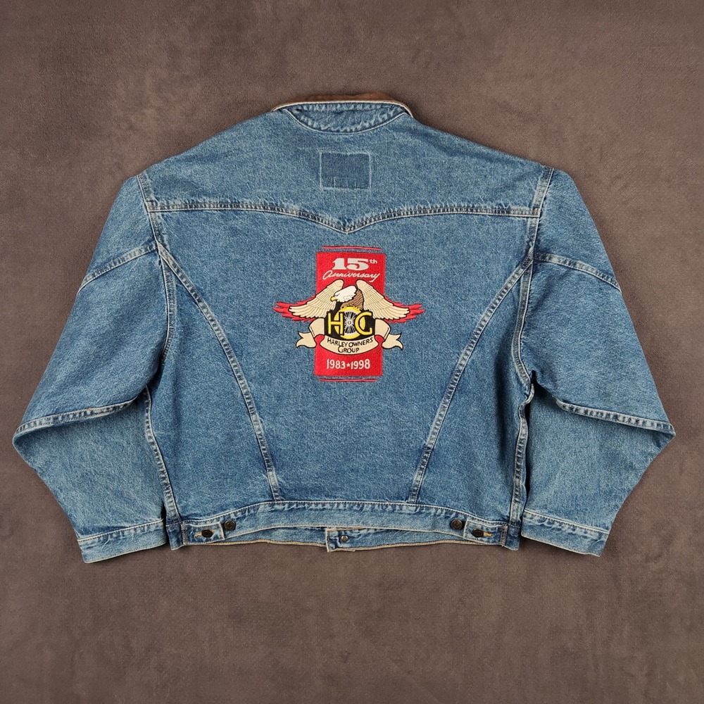 iD Wear Harley Owners Group Jacket Mens XL Blue Denim 15th Anniversary 1983-1998